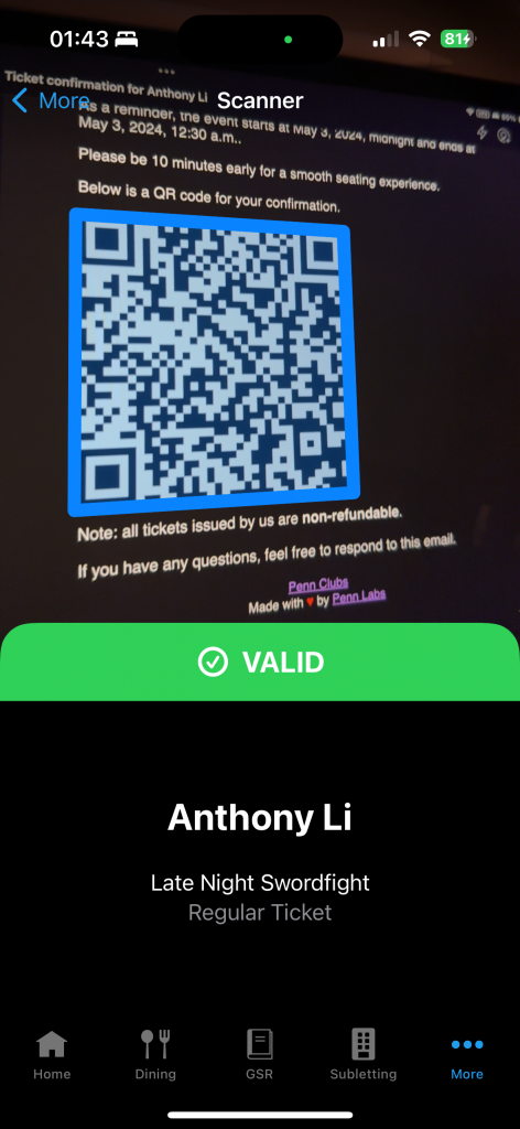 A screenshot of Penn Mobile scanning a valid QR code ticket for a Late Night Swordfight.